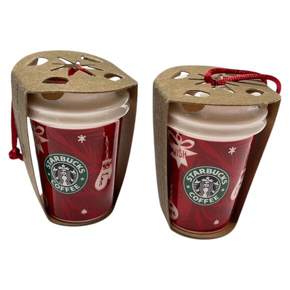 Starbucks Ornaments Lot 2 Holiday Red Joy Wish 2009 New In Box - Picture 1 of 6